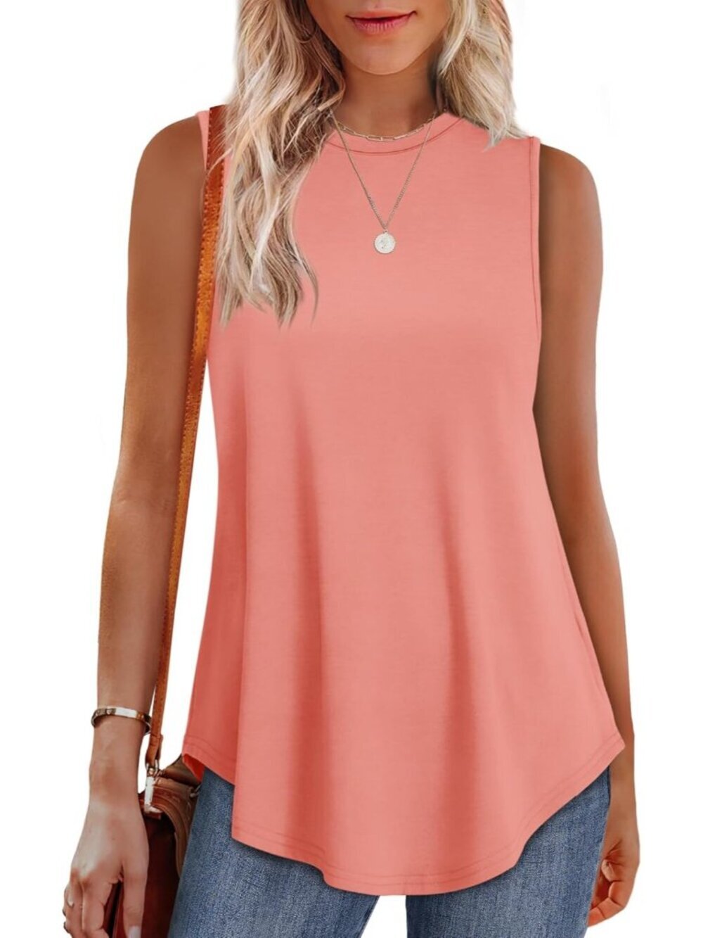 Women's Coral High Neck Tank Loose Fit Sleeveless Casual Wear Summer Tunic Tops